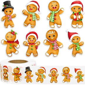 1000Pcs Chrismas Gingerbread Man Stickers Roll Vintage Gingerbread Man Label Stickers for Xmas Party Winter Holidays for Greeting Cards Envelopes Supplies