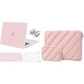 MOSISO Compatible with MacBook Air 13 inch Case 2025-2022 M4 A3240 M3 A3113 M2 A2681, Plastic Hard Shell&Keyboard Cover&Screen Film&Type C&Left Parallelogram Quilted Puffy Bag, Baby Pink&Pink