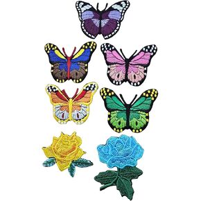 Set of 7 pcs Butterfly and Flower 7.5cm Iron on sew on Embroidered Patches Set Best for Decoration Jean pents Tshirt Cap