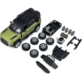 1:43 Scale 2020 Land Rover Defender 110 Model Car Kit Diecast Toy Cars Metal Alloy Vehicles, Parts Changeable, Doors Open, Black Top and Roofrack, Collection for Men, Toys for Boys Kids Gifts, Green