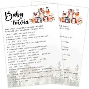 Baby Shower Games for Boy, 30 Woodland Baby Trivia Game Cards + 1 Answer Card, Safari Animals Gender Reveal Party Decorations Supplies Favors - C05
