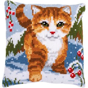 Vervaco Cross Stitch Embroidery Kits Pillow Front for Self-Embroidery with Embroidery Pattern on 100% Cotton and Embroidery Thread, 15,75 x 15,75 Inches - 40 x 40 cm, Cat Snow