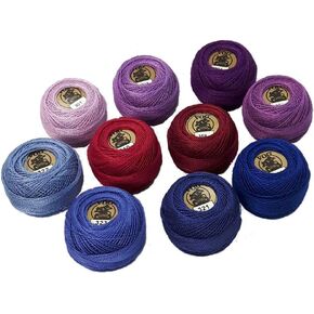 VOG Perle Cotton Size 8 Threads Embroidery - مجموعة من 10 كرات (10 غرام لكل منهما) - بوردو أرجواني وظلال زرقاء (Colunm No. 3)