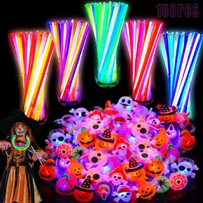 AMENON 150 Pcs Halloween Party Favors for Kids - 100 Glow Sticks and 50 LED Light Up Rings - Glow in The Dark Toy Gifts, Goodies Bag Fillers, Party Supplies