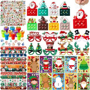 148 PCS عيد الميلاد حفلات الحفلات: النظارات اللامعة ، سلسلة مفاتيح ألعاب البوب ​​، اصنع ملصقًا للوجه ، طوابع متنوعة من الرنق الذاتي ، سوار صفعة ، ملصق ، هدية لعبة للأطفال