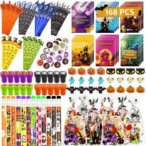 168 PCS Halloween Party Favors ، 24 Pack Halloween Stationery مجموعة للأطفال خدعة أو علاج هدايا لعيد الهالوين فصول الحفلات المدرسية جوائز مكافآت Halloween Goodie Bag Stuffs