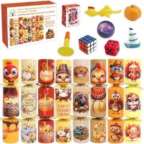 8 PC Thanksgiving Crackers Poppers Party Table Favors No Snap No Popping Fall Thanksgiving Games Activities for Kids Family with Party Hat Joke Gifts Toys Holiday Traditions Prizes
