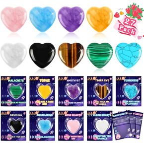 Valentines Day Gifts for Kids, 27 Pack Valentines Day Cards with Heart Stones Valentine School Classroom Exchange Party Favors Natural Gemstone Crystals Rocks Goodie Bags Bulk for Girls Boys