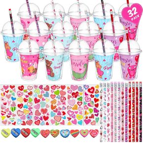 Pasimy 32 Pack Valentines Day Gifts for Kids Classroom School Assorted Valentine's Day Stationery Set with Cup Card Pencil Eraser Sticker Valentines Kids Party Favors Gift Exchange Prize Boy and Girl