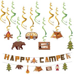 Happy Camper Birthday Party Decorations, 12pcs Camping Theme Hanging Swirls Decoration with 2pcs Happy Camper Banner Garland Camping Decor Adventure Streamers Party Supplies for Kids Adults