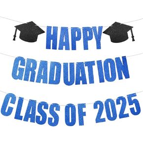 YeaQee Happy Graduation 2025 Glitter Pre-Strung Banner for Class of 2025 Sign Target Congrats Banner مع علامة Cap Garland ، فئة التخرج السعيد من 2025 الحفلات (Blue Orange)