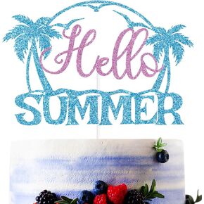 Pink & Baby Blue Glitter Hello Summer Cake Topper, Sun Summer Birthday Cake Décor, Hawaiian Summer Holiday Birthday Party Decorations Supplies