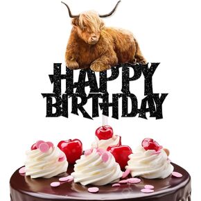 Black Glitter Highland Cow Happy Birthday Cake Topper for Farm Cow Thief Party Party Decorations Men Women Happy Birthday Party Decords Supplies