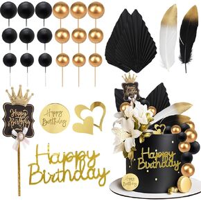 Knana 26pcs Black Gold Cake Topper Black Boho Cake Topper Black Gold Balls Palm Leavis Cake Cake for Bohemian Birthday Party Supplies