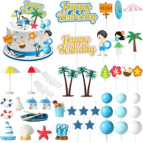 Tallew 42 PCS Beach Cake Decoration Summer Ocean Cake Toppers Chair و Smbrella Cake Toppers Green Palm Tree Cake Topper for Tropical Hawaiian themian birthday baby baby pool supplies party supplies
