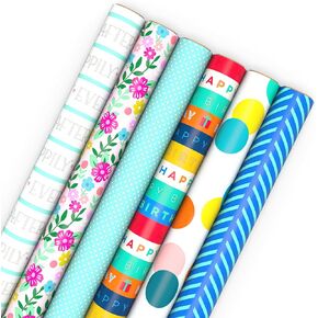 Hallmark Wrapping Paper Rolls for Graduation, Birthday, Wedding, Baby Shower - Flowers, Polka Dots, Happily Ever After Gift Wrap (Set of 6 Assorted Rolls: 180 sq. ft. ttl.)