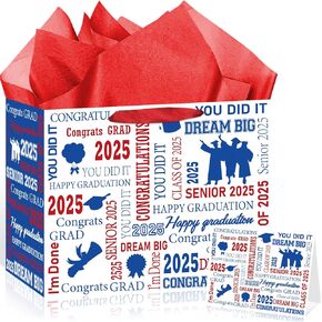 Red White Graduation Gift Bag Class of 2025 with Tissue Paper and Greeting Cards Congrats Grad Party Favor Bag 2025 Graduation Gift Wrapping Paper Bag for High School College Graduate Party Decor