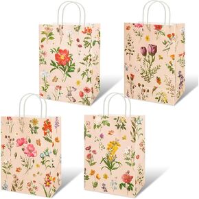 Konsait 16 Pack Floral Gifts Bags, Vintage Style Small Floral Gift Bags with Handle, Kraft Paper Flower Party Favor Bags for Wedding Birthday Bridal Shower Engagement and More