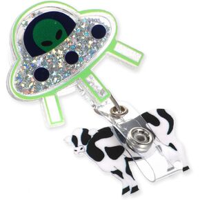 لطيف UFO Cow Badge Cenlable مع مقطع هوية ، مضحكة ممرضة شارة بكرة لبطاقة اسم التمريض بطاقة العلامة ، ملحقات بقرة مضحكة مع التمساح مقطع مساعد طالب مساعد طالب العمل