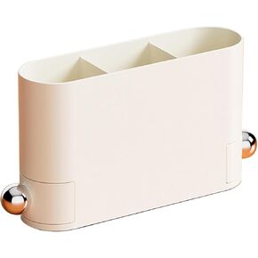 Small Pen Storage Case with 3 Compartments and 2 Drawer, Cosmetic Storage Box Makeup Brush Case Pencil Organizer Desk Accessory Storage for Office Home (White)