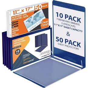 Performore - 10 حزمة من 11 X17 Landscape Pressboard Pinderboard Binder مع 50 حماة ورقة. يغطي تقرير لوحة الألياف الأزرق مع سعة مقفلة ورق صفيحة 3 بوصات لربط التقارير