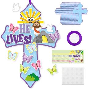 WATINC 24Pcs Easter He Lives Butterfly Cross Craft Kit, Make Your Own Jesus Resurrection Cross Butterfly Hanging Ornaments, Jesus Faith Classroom Sunday Church Christian Party Thankful Craft for Kids