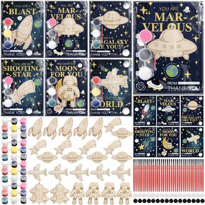AOWLOG 36 Sets Space Themed Party Supplies Space Cards with Art Supplies Wooden Painting Crafts Watercolor Paint Sets Thank You Gift Cards Galaxy Solar System Astronaut Birthday Party Favors