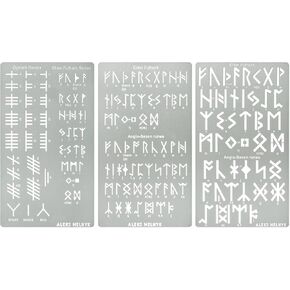 Aleks Melnyk No.489 Stencils Metalic ، Runes Elder Futhark و Ogham ، الأبجدية القديمة ، Sigil Magic Alphabet Stencils 3 PCS ، قوالب رسائل لحرق الخشب ، Pyrography Engraving ، Wicca Stencil