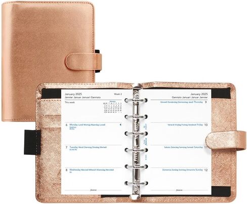 Filofax Saffiano Metallic Organizer, Pocket Size, Rose Gold - Cross-Grain, Leather-Look, Bright Metallic Finish, Six Rings, Week-to-View Calendar Diary, Multilingual, 2025 (C022626-25) in Saudi Arabia