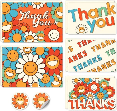 Boho Retro Thank You Cards with Envelopes 24PCS, Graduation Thank You Cards for Teachers Kids Groovy Hippie, Bulk Floral Thank You Notes with Envelopes Smiley Face Sunflower Baby Shower in Saudi Arabia