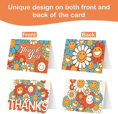 Boho Retro Thank You Cards with Envelopes 24PCS, Graduation Thank You Cards for Teachers Kids Groovy Hippie, Bulk Floral Thank You Notes with Envelopes Smiley Face Sunflower Baby Shower in Saudi Arabia