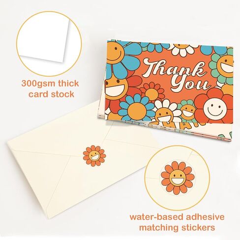 Boho Retro Thank You Cards with Envelopes 24PCS, Graduation Thank You Cards for Teachers Kids Groovy Hippie, Bulk Floral Thank You Notes with Envelopes Smiley Face Sunflower Baby Shower in Saudi Arabia