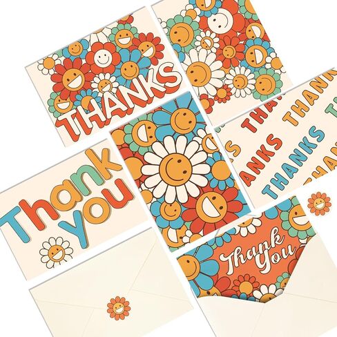 Boho Retro Thank You Cards with Envelopes 24PCS, Graduation Thank You Cards for Teachers Kids Groovy Hippie, Bulk Floral Thank You Notes with Envelopes Smiley Face Sunflower Baby Shower in Saudi Arabia