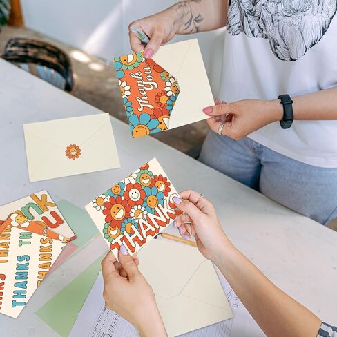 Boho Retro Thank You Cards with Envelopes 24PCS, Graduation Thank You Cards for Teachers Kids Groovy Hippie, Bulk Floral Thank You Notes with Envelopes Smiley Face Sunflower Baby Shower in Saudi Arabia