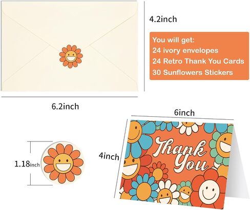 Boho Retro Thank You Cards with Envelopes 24PCS, Graduation Thank You Cards for Teachers Kids Groovy Hippie, Bulk Floral Thank You Notes with Envelopes Smiley Face Sunflower Baby Shower in Saudi Arabia