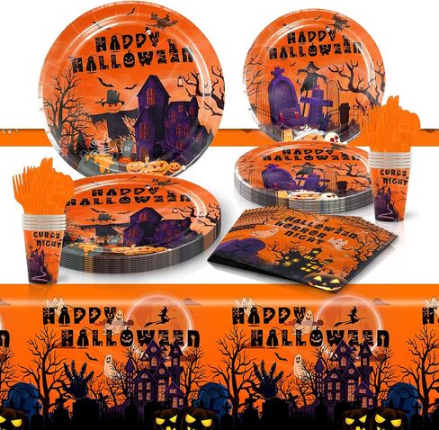Halloween Party Supplies Serve 24, Orange Print with Haunted House Halloween Party Dinnerware Set Disposable Paper Plates with Napkins Cups Tablecloth for Spooky Halloween Party Decorations… in Saudi Arabia
