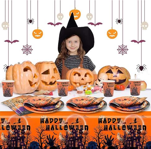 Halloween Party Supplies Serve 24, Orange Print with Haunted House Halloween Party Dinnerware Set Disposable Paper Plates with Napkins Cups Tablecloth for Spooky Halloween Party Decorations… in Saudi Arabia