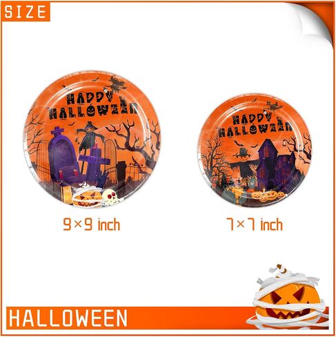 Halloween Party Supplies Serve 24, Orange Print with Haunted House Halloween Party Dinnerware Set Disposable Paper Plates with Napkins Cups Tablecloth for Spooky Halloween Party Decorations… in Saudi Arabia