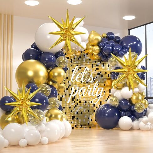 Blue and Silver Balloons Garland Arch Kit, 156 Pack Royal blue and White Silver Confetti Balloons 18" 12" 10" 5" with Starburst Foil Balloons For Birthday 2024 Graduation Party Decorations in Kuwait