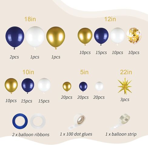 Blue and Silver Balloons Garland Arch Kit, 156 Pack Royal blue and White Silver Confetti Balloons 18" 12" 10" 5" with Starburst Foil Balloons For Birthday 2024 Graduation Party Decorations in Kuwait