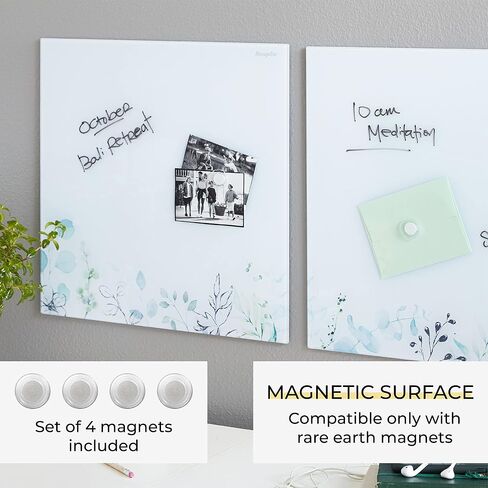 ECR4KIDS MessageStor Magnetic Dry-Erase Glass Board with Magnets, 17.5in x 17.5in, Wall-Mounted Whiteboard, Botanical, 2-Pack in Saudi Arabia