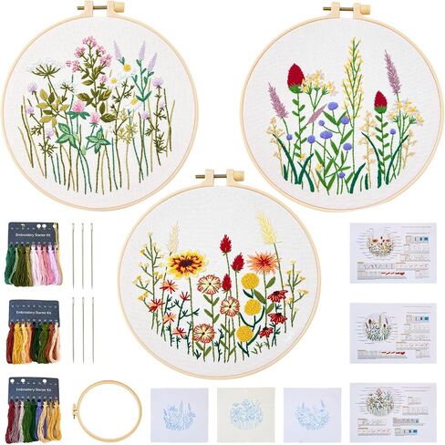 Boutigem 3 Pack Embroidery Kit for Beginners Flower Vase Pattern Fabric Cross Stitch Set with Embroidery Cloth Threads Needle Wire for DIY Sewing Needlework in Kuwait