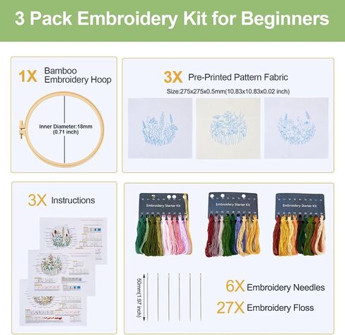 Boutigem 3 Pack Embroidery Kit for Beginners Flower Vase Pattern Fabric Cross Stitch Set with Embroidery Cloth Threads Needle Wire for DIY Sewing Needlework in Kuwait