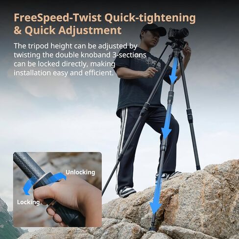 SmallRig FT-S303 FreeSpeed Carbon Fiber Tripod, 59'' Travel Video Tripod with One-Twist Height Adjustment, 360° Fluid Head, Dual-Mode QR Plate, Weighs 6.4lbs, Max Load 13.2lbs / 6kg for Camera-4643 in Kuwait