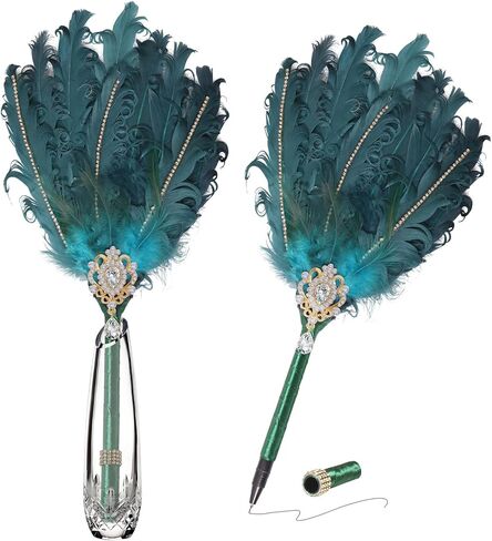 CROWN GUIDE Luxury Feather Quill Pen with Shiny Rhinestones & Curled Goose Feathers- Wedding Guest Book Pen, Great Gatsby/HP Party Supplies, Bridal Shower Gift with Rose Gold Heart Charm (13.8",Gold) in Kuwait