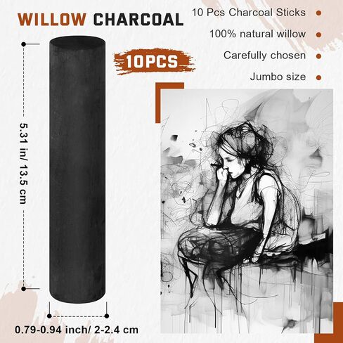 Gueevin 5 Pcs Jumbo Willow Charcoal Sticks 0.79-0.94 Inch Large Soft Willow Charcoal Chunky Drawing for Sketching Artist Supplies, Black in Kuwait