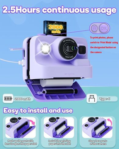 Instant Print Camera for Kids,2.4 Inch Screen Kids Instant Cameras, Christmas Birthday Gifts for Girls Age 3-12, Portable Toddler Toy for 3 4 5 6 7 8 9 10 Year Old Girls Boys Purple | Christmas Birthday Gifts for Girls Age 3-12, Portable Toddler Toy for 3 in Saudi Arabia