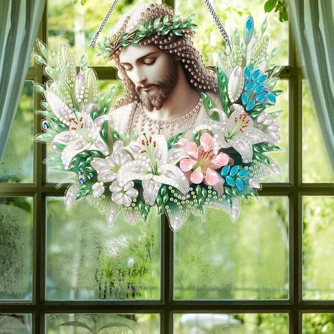 Apomelo Hanging Diamond Art Kit Jesus, Religious Diamond Art Kit for Adult, Special Gem Diamond Art Pendant Hanging Ornament Kit, Wreath Jesus in Kuwait