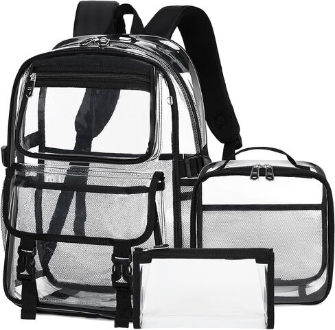 AO ALI VICTORY Large Clear Backpack for Women Men Girls School College Bookbag with Lunch Box Pencil Bag PVC Transparent Backpacks See Through Daypack for Sport Events Stadiums,Work,Travel,Black Set in Kuwait