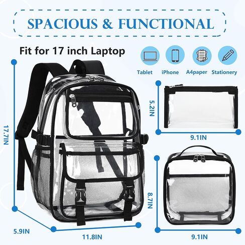 AO ALI VICTORY Large Clear Backpack for Women Men Girls School College Bookbag with Lunch Box Pencil Bag PVC Transparent Backpacks See Through Daypack for Sport Events Stadiums,Work,Travel,Black Set in Kuwait